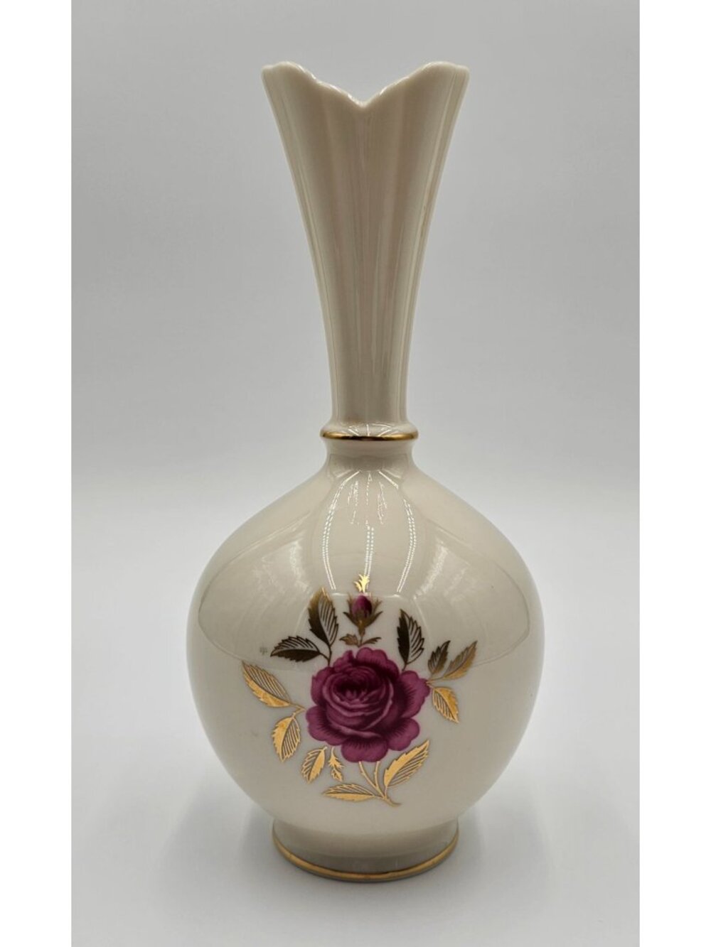 VTG Lenox Rhodora Ivory Porcelain Rose Vase W/24k Gold Trim Fluted Neck Art Deco